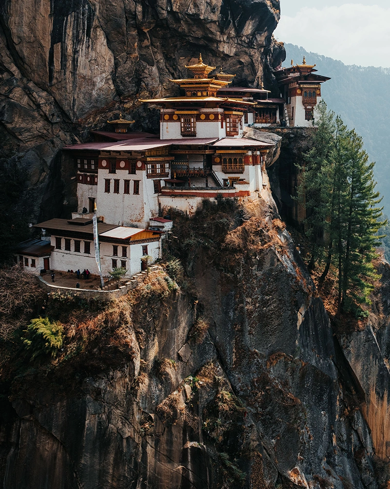 A beautiful white and brown building built into the cliff's edge. Travel to Bhutan with Aurisé World.